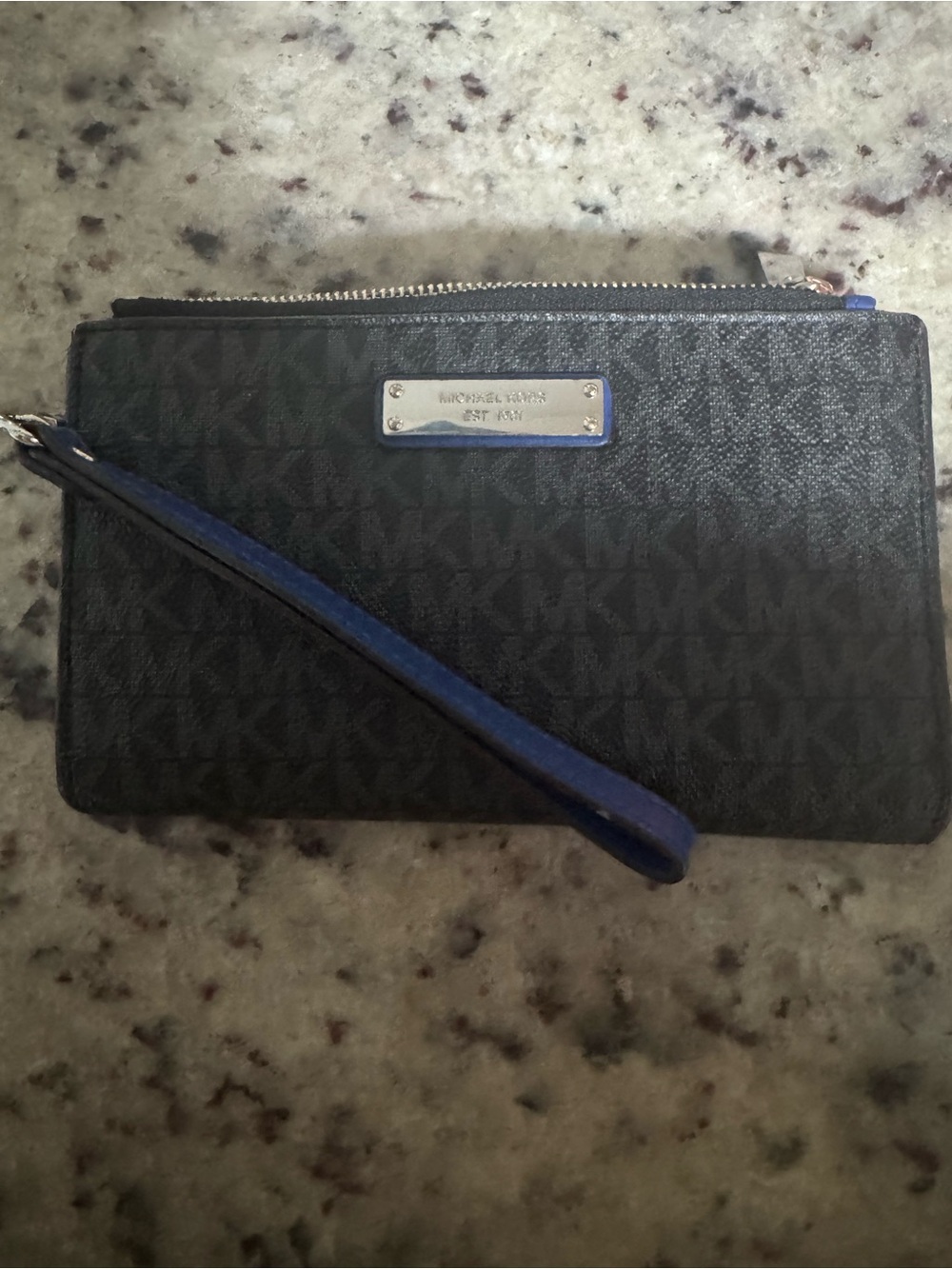Michael Kors Black Signature MK Wristlet with Blue Strap